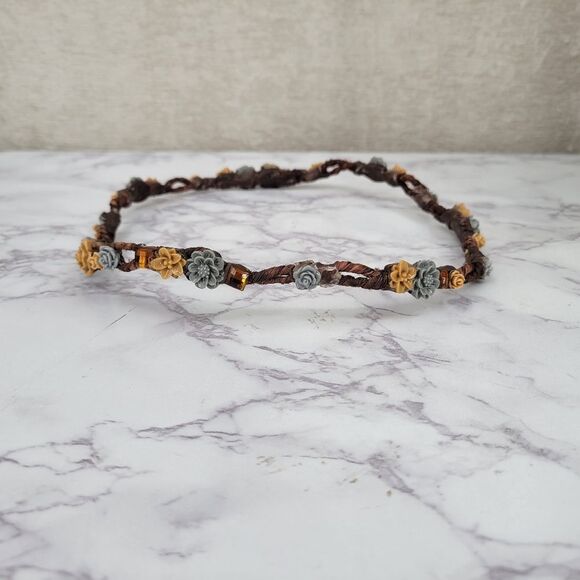 Brown Floral Headband Crown with Blue Flowers Hippie Boho Festival - Picture 3 of 10